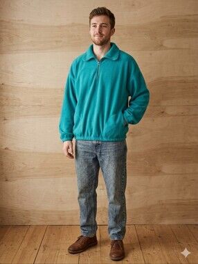 Tribute Vintage Teal 1/4 zip Pullover Fleece Sweatshirt Size XL Mens